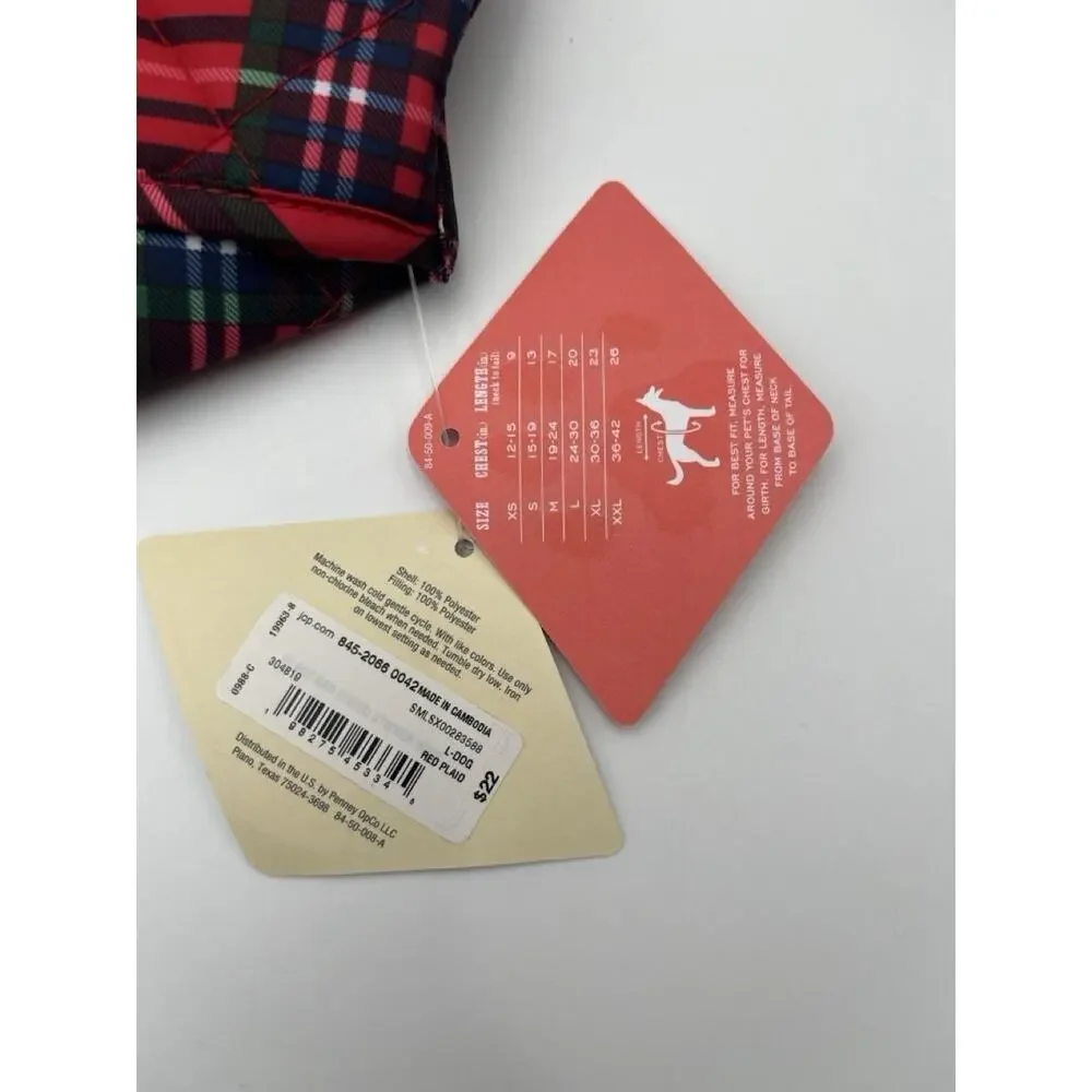 NEW WITH TAGS St John's Bark Dog Coat Jacket Large Red Plaid Quilted Pet